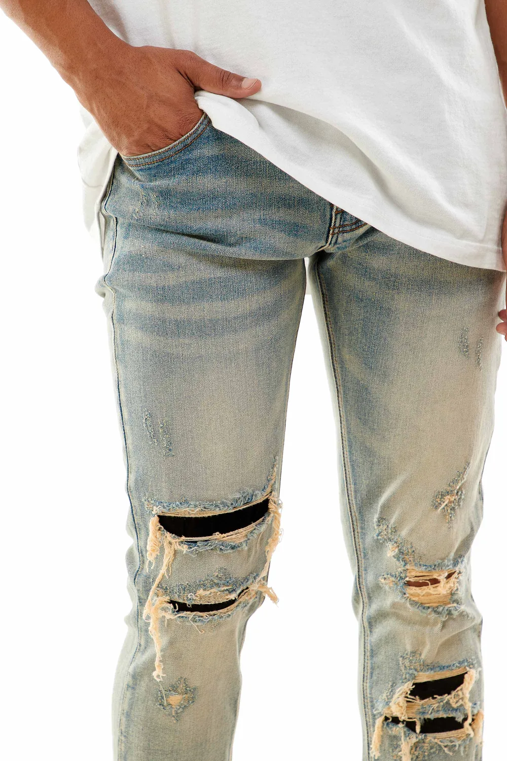 Men's Relaxed Skinny Distressed Patchwork Jeans