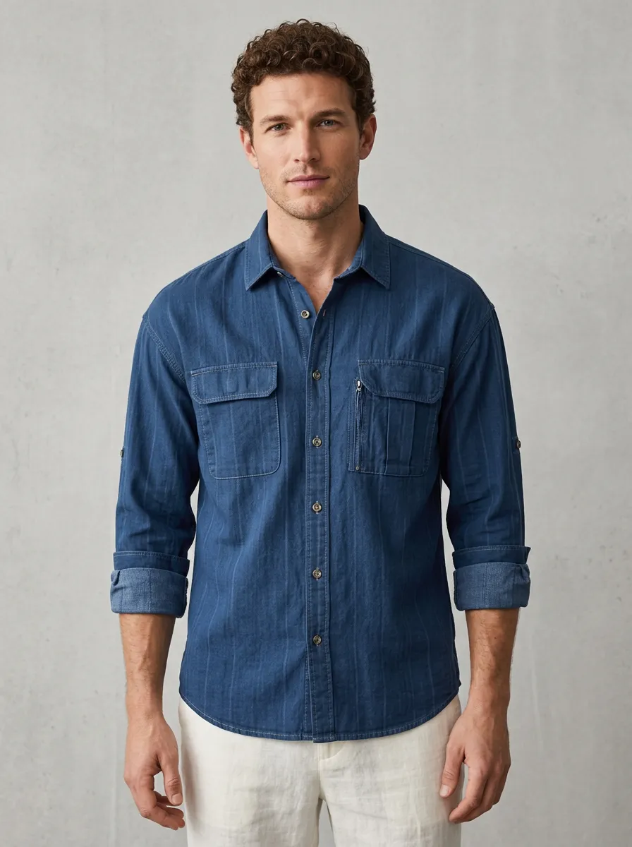 Men's Casual Outdoor Striped Denim Button-Down Shirt