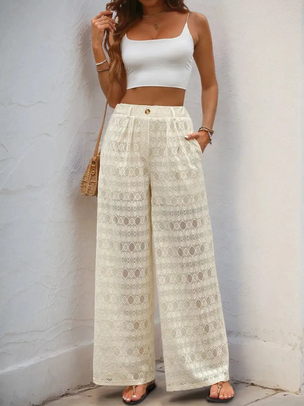 Button Front Wide Leg Pants