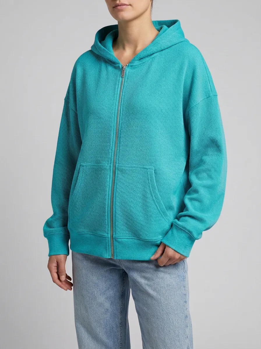 Waffle-Knit Knit-Texture Minimal Zip-Up Women's Zip-Up Hooded Jacket
