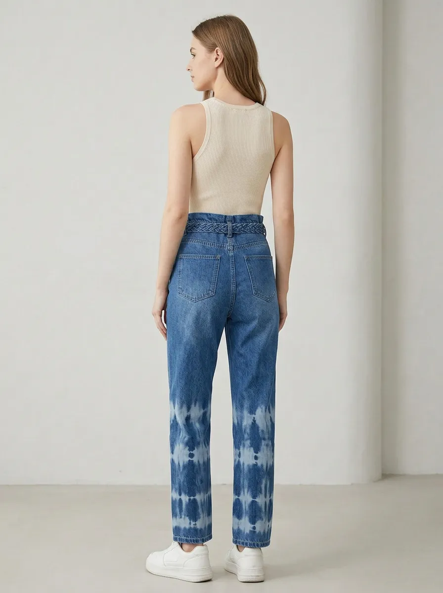 Women's Floral Embroidered Tie-Dye Printed Jeans