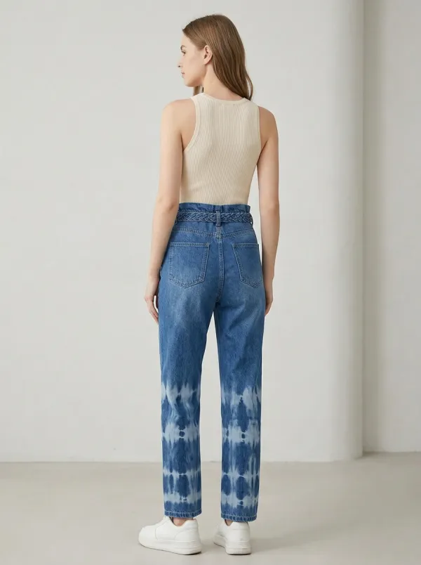 Women's Floral Embroidered Tie-Dye Printed Jeans