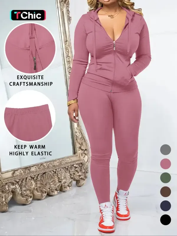Women's Fall Zipper Hoodie and Skinny Pants Set, Casual Soft Long Sleeve Pullover with Pocket Design