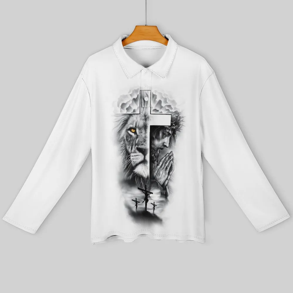 Men's Lion&Jesus Print Long Sleeve Polo Shirt