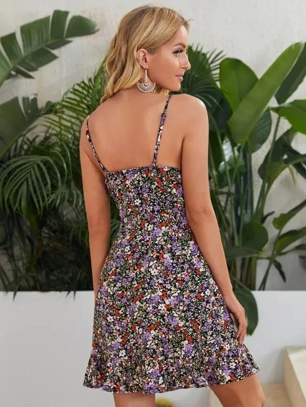 Women Ruffle Hem Ditsy Floral Cami Dress
