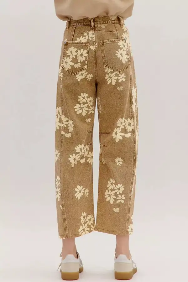 Washed Pocketed Floral-Print Stretch Straight Leg Jeans