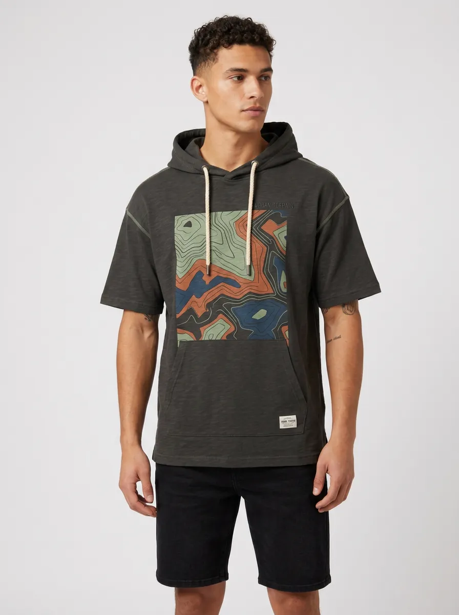 Men's Outdoor Topographic Graphic Kangaroo Pocket Short Sleeve Hoodie