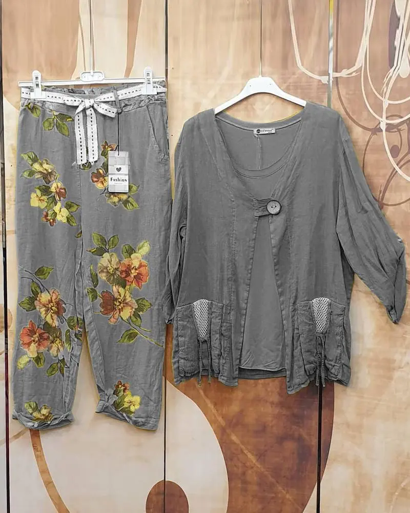 Women's Floral Print Causal Faux Two-piece Suits
