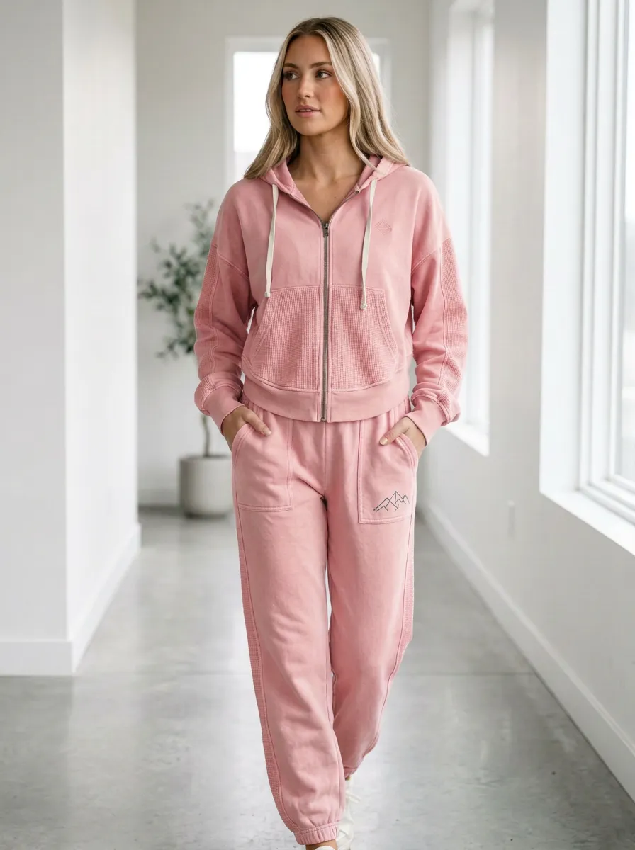 Women's Mountain Lover Sage Green Waffle Knit Printed Hoodie Jogger Set