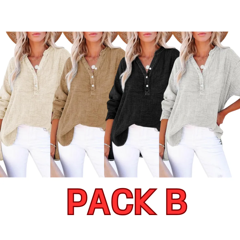 Women's Casual Button V Neck Long Sleeve