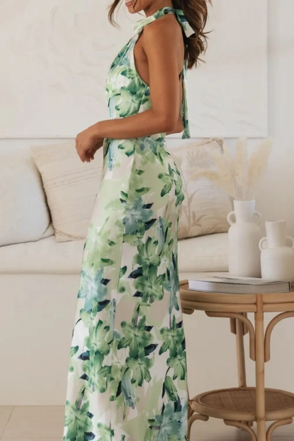 Soft Floral Print Halter Neck Maxi Dress