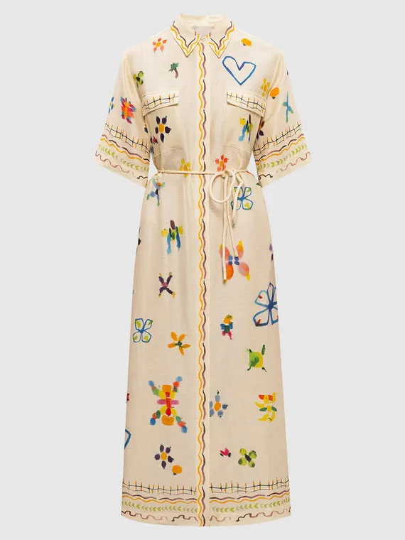 Elegant Hand Painted Watercolor Print Shirt Midi Dress