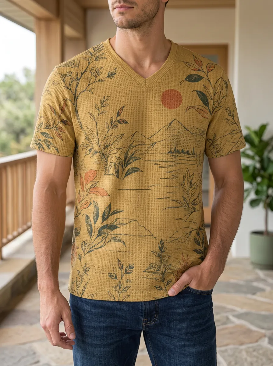Men's Nature Landscape Sun Mountain Botanical Printed V-Neck T-Shirt