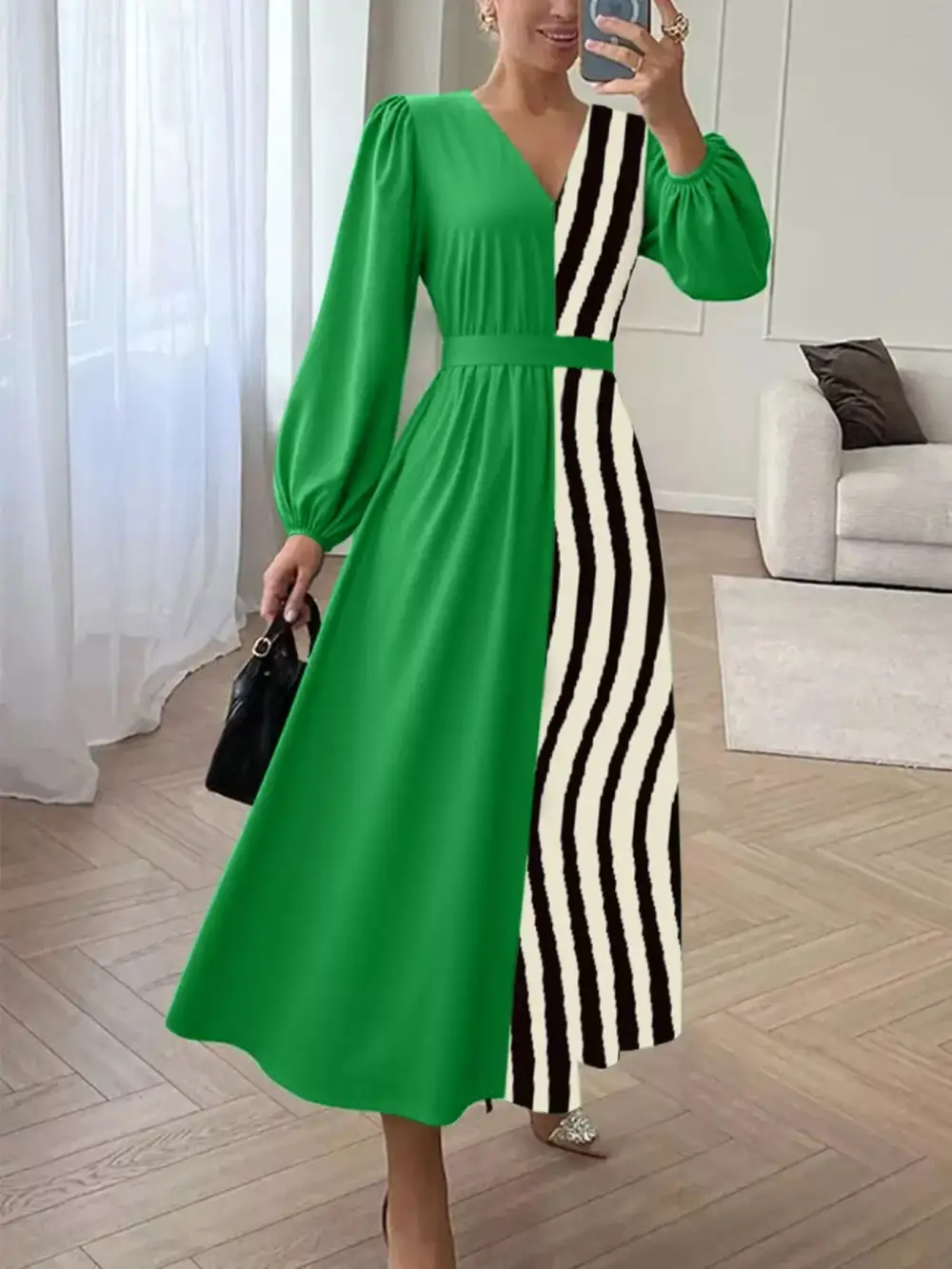 Color Block Long Sleeve Midi Dress