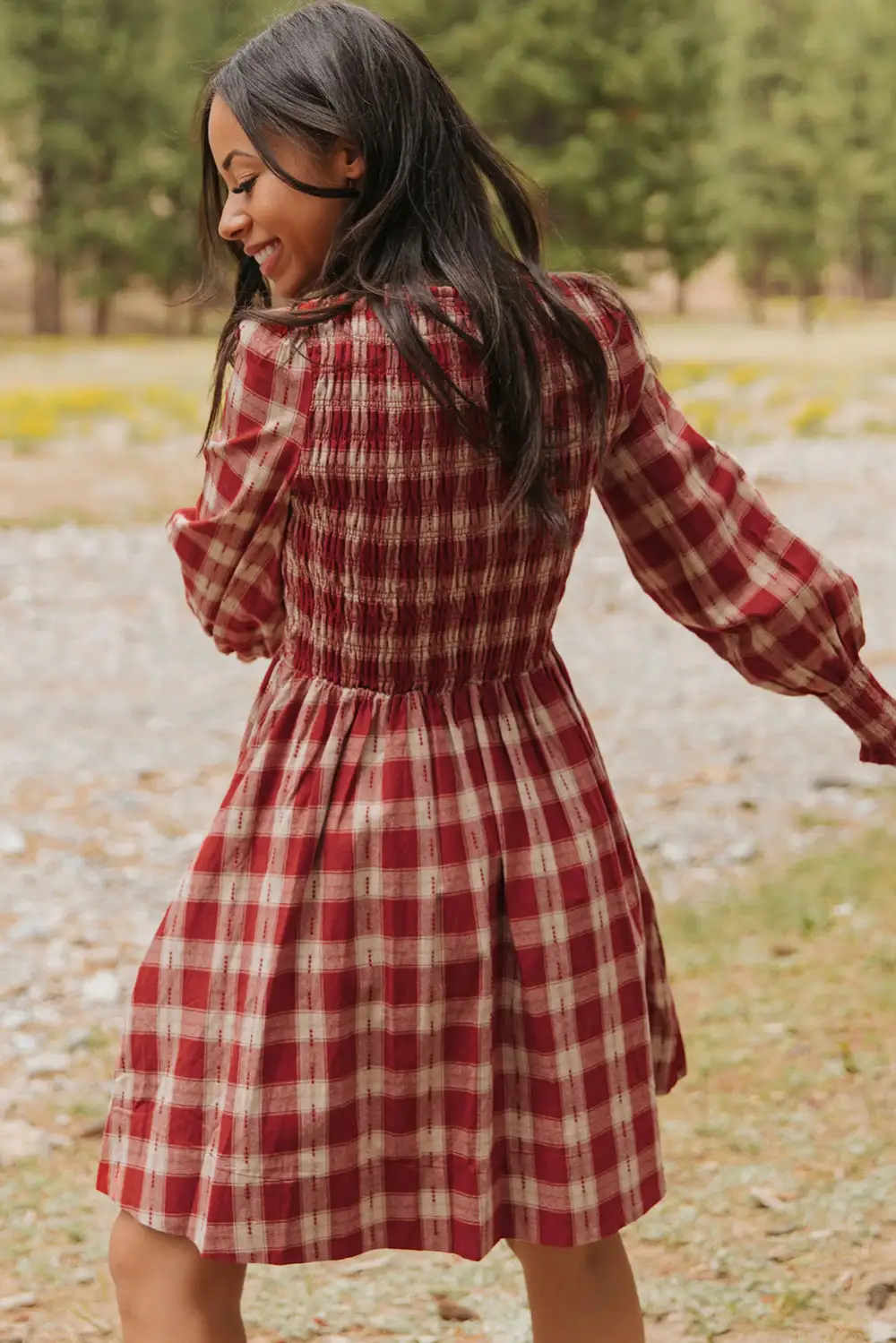 Lightweight Feel Plaid Printed Smocked Mini Dress