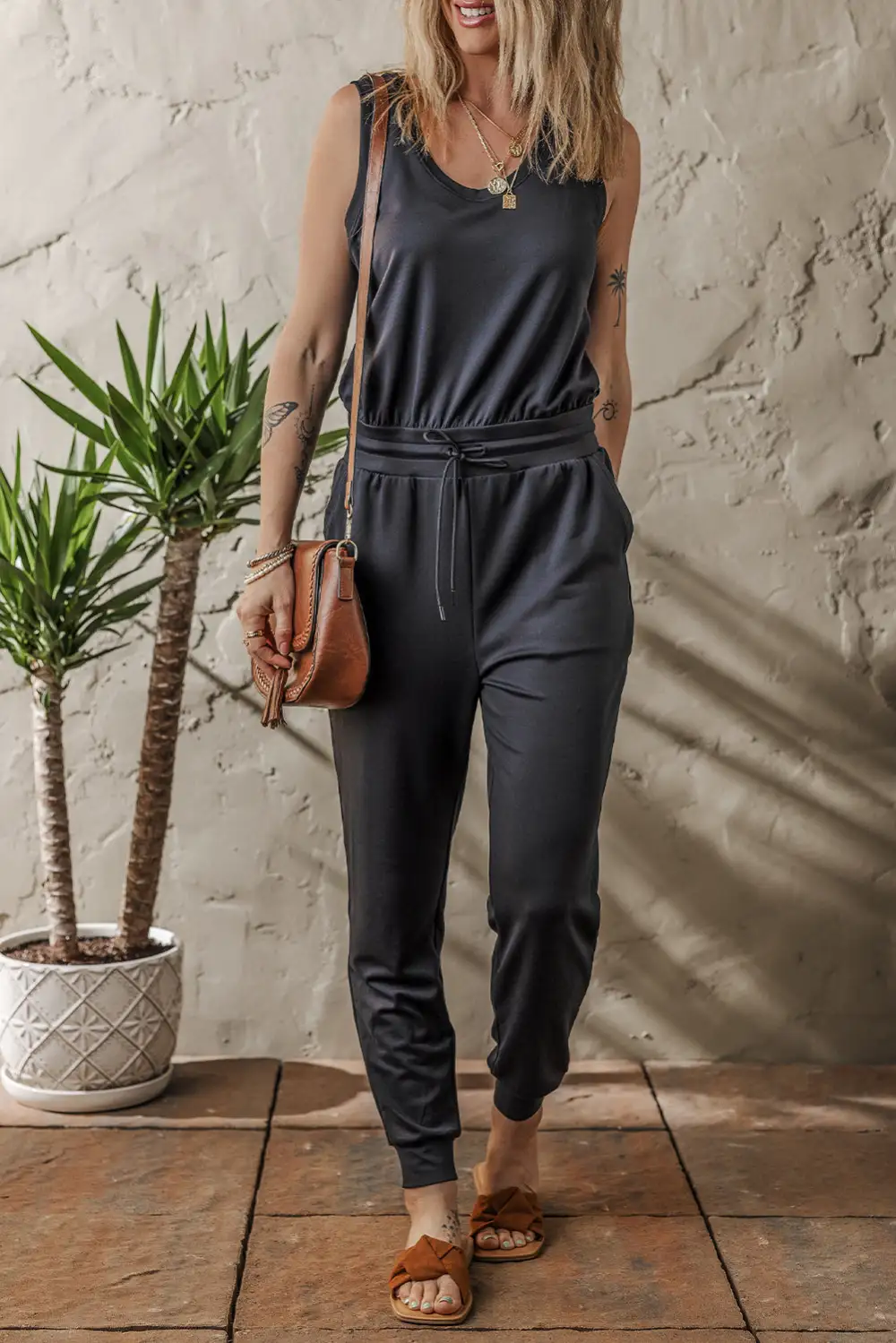 Casual Tank Tie Waist Pocketed Jumpsuit Jogger Pants