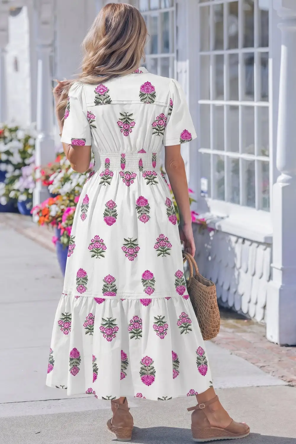 Polished Detail Floral Printed Split Neck Maxi Dress