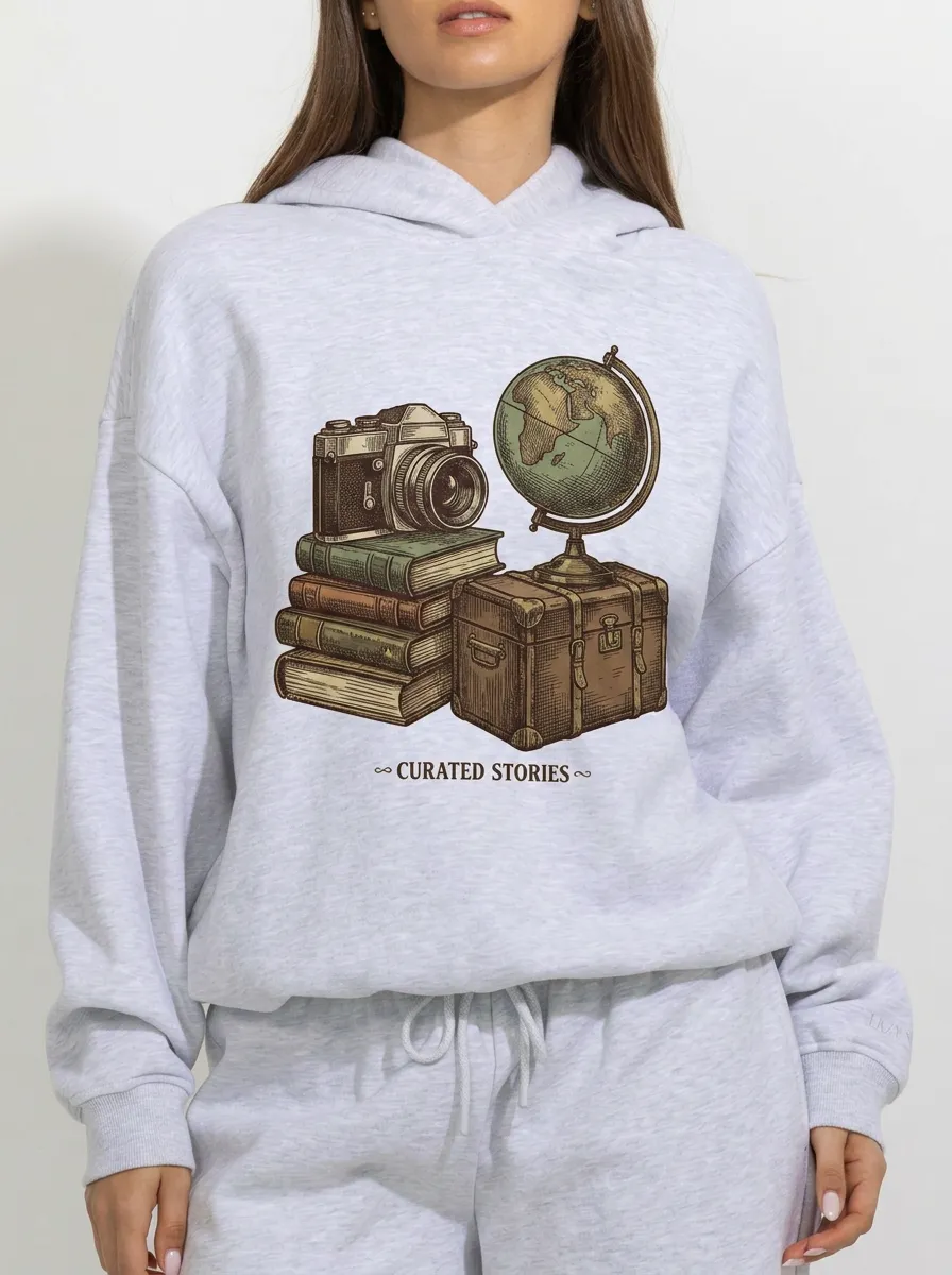 Women's Travel Globe Camera Books Graphic Hoodie
