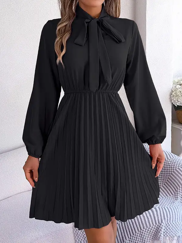 Long Sleeve Relaxed Pleated Solid Color Tied Mock Neck Mini Dress