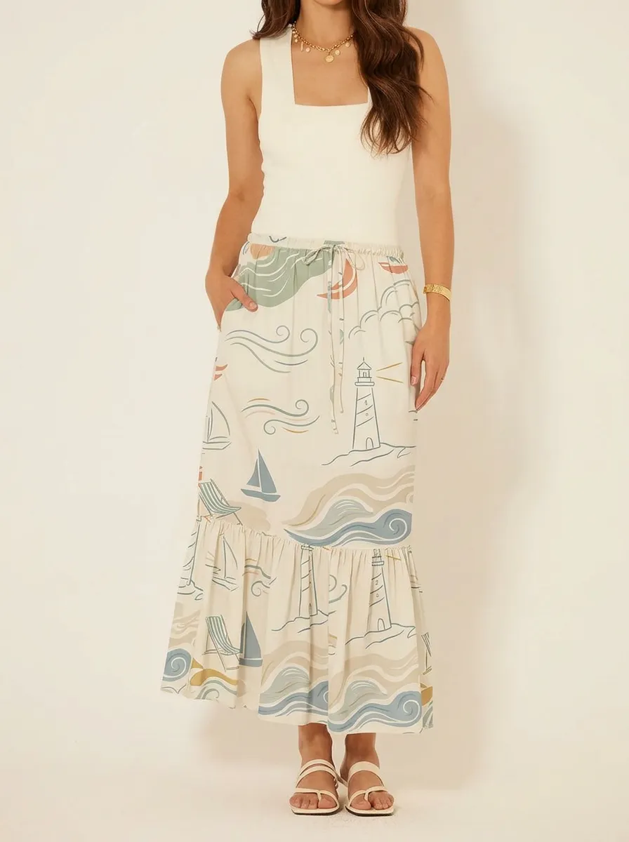 Women's Coastal Nautical Lighthouse Sailboat Printed Skirt
