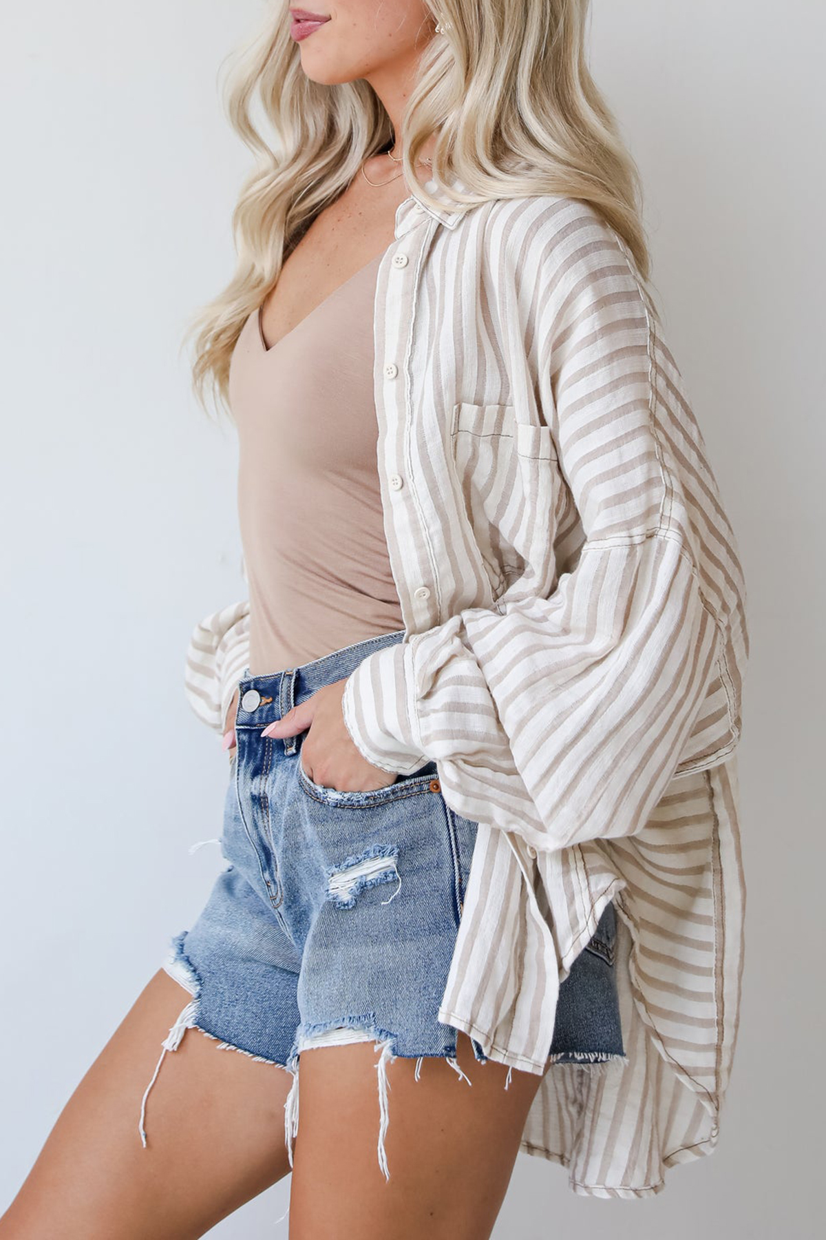 Tailored Poise Natural Striped Button-Up Blouse