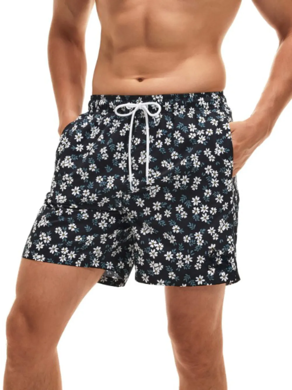Men's Floral Print Letter Drawstring Swim Trunks