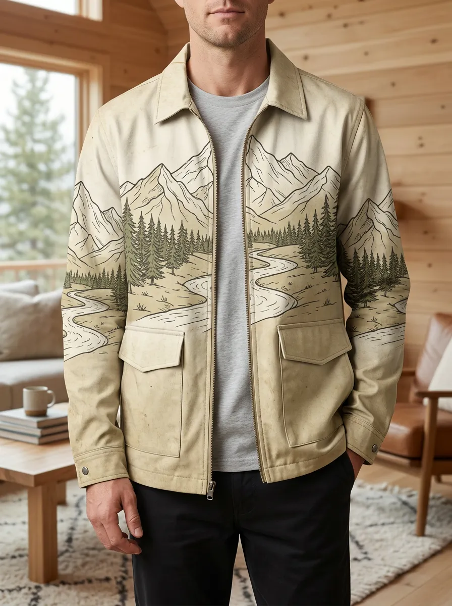 Men's Nature Lover Mountain River Forest Printed Jacket