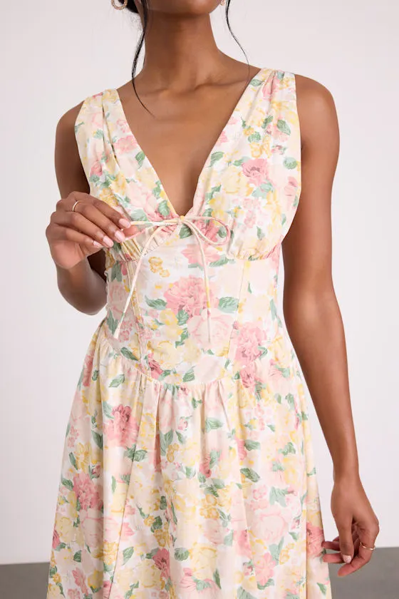 Lettie Ivory Multi Floral Poplin Plunge Neck Midi Dress