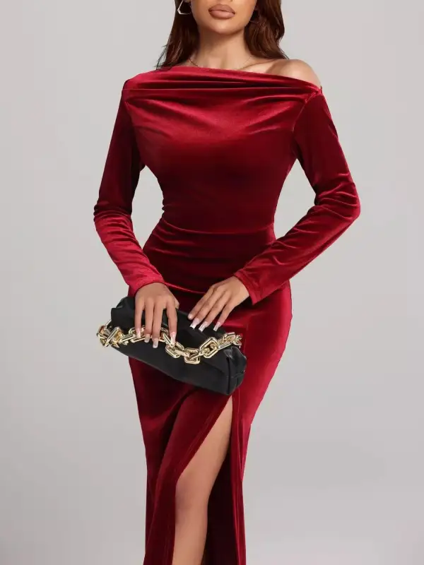 Velvet Ruched Slit Dress Casual