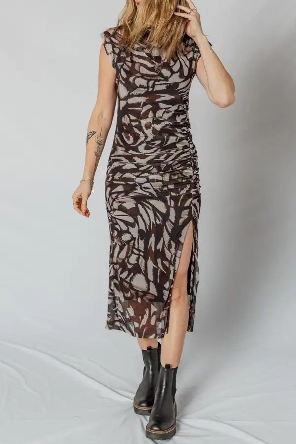 Abstract Mesh Cowl Neck Cap Sleeve Ruched Midi Dress with Slit