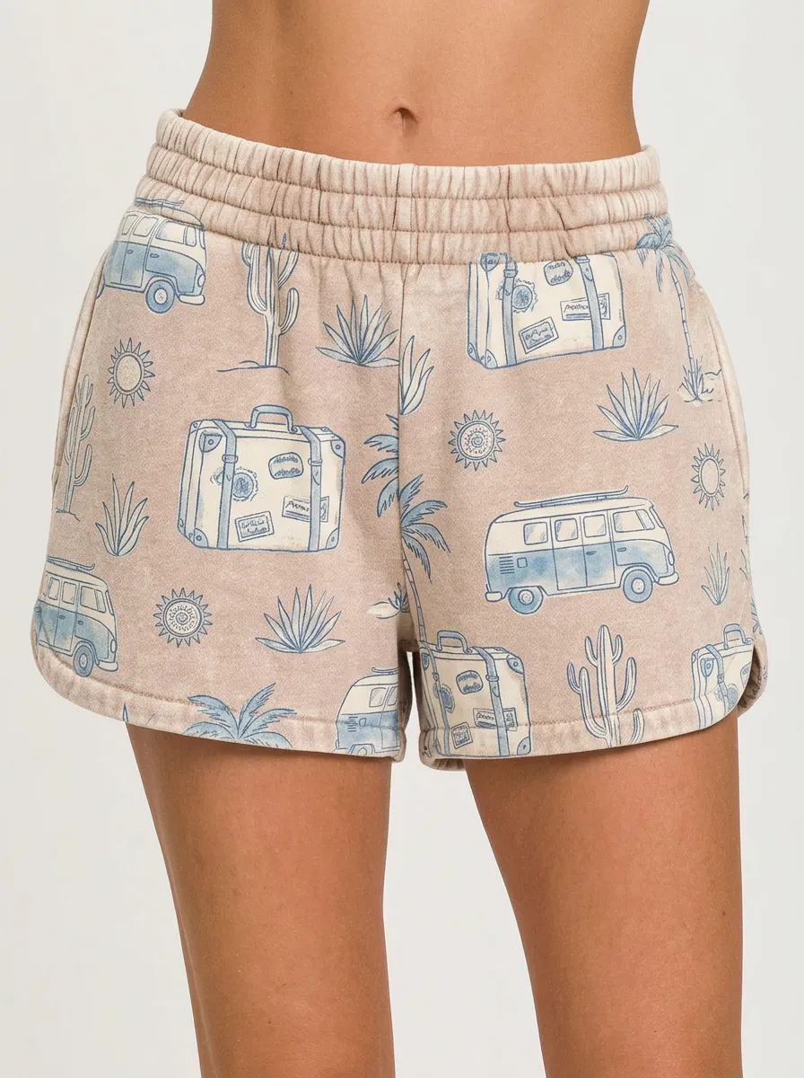 Women's Travel Lover Van Cactus Suitcase Printed Shorts