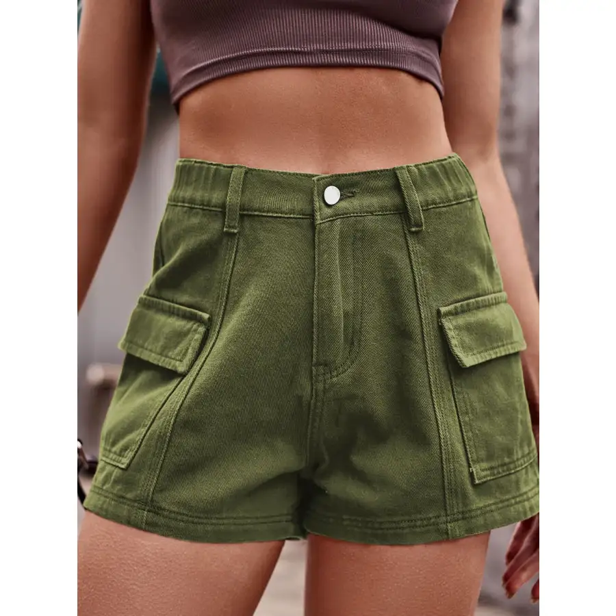 Textured High Waist Denim Shorts with Pockets