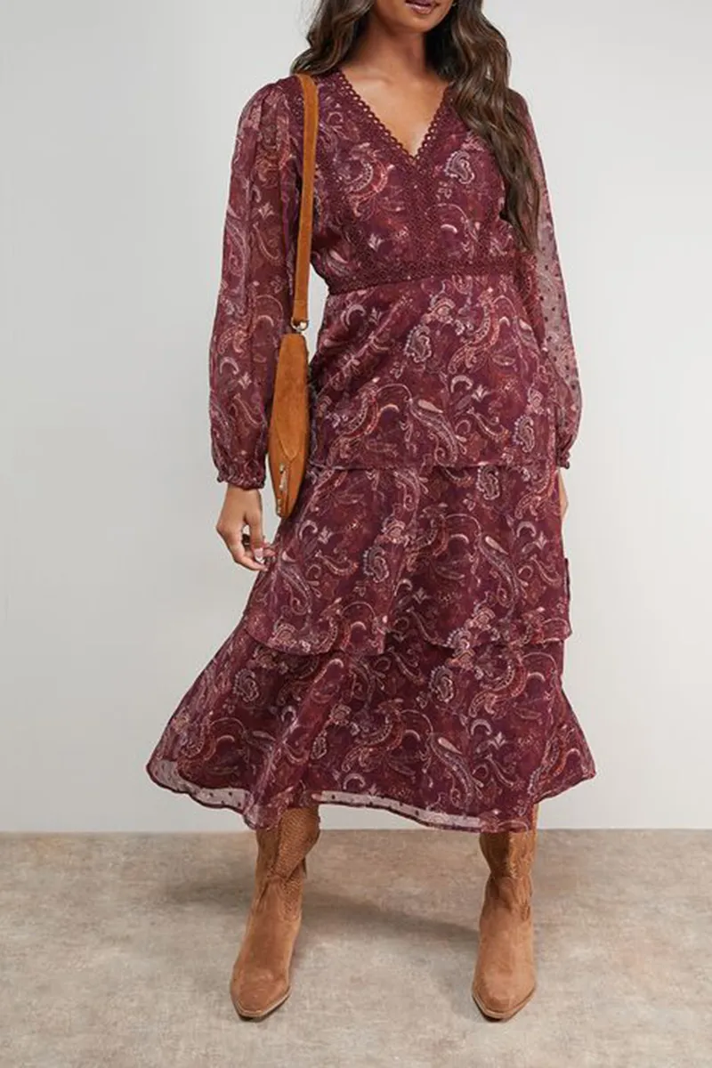 Casual Style V-neck Printed Lace Dress
