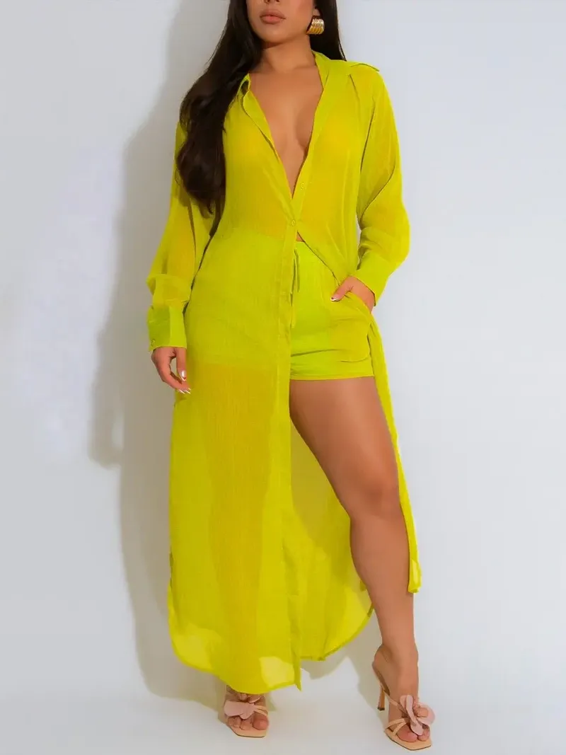 Women's Solid Color Button Front Shirt & Shorts Two-Piece Set