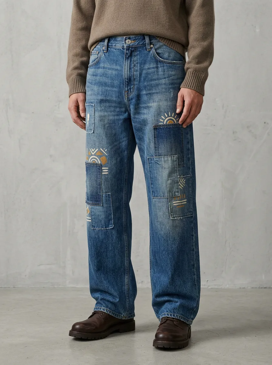 Men's Tribal Boho Patchwork Sun Wide Leg Jeans