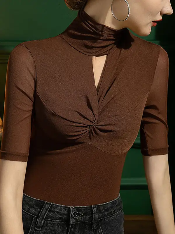 Half Sleeve Curve Fit Gauze Cutout Pleat Detail Sheer Panel Detail High Neck T-Shirt