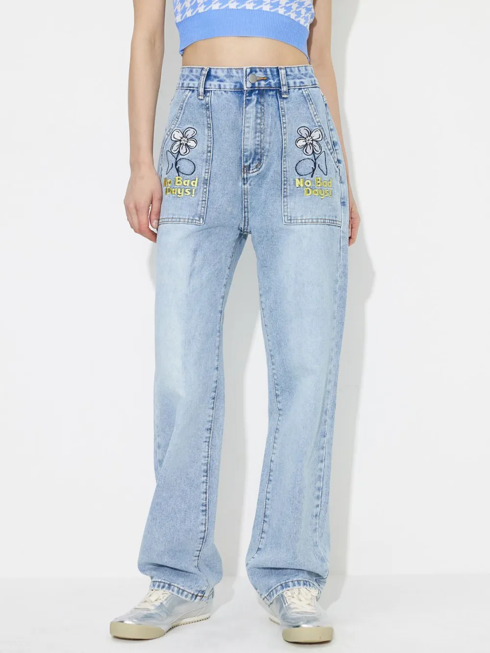 Textured High Waist Straight Leg Pocketed Denim Jeans