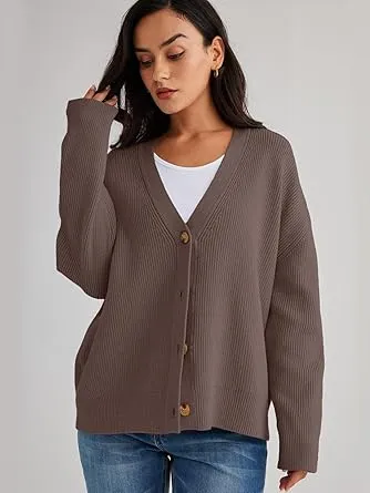 Women's Slouchy Solid Color V-Neck Button-Up Long Sleeve Cardigan & Stretch Loose Trousers Co-ord, Minimalist Two Piece Outfits, Cozy Womenswear