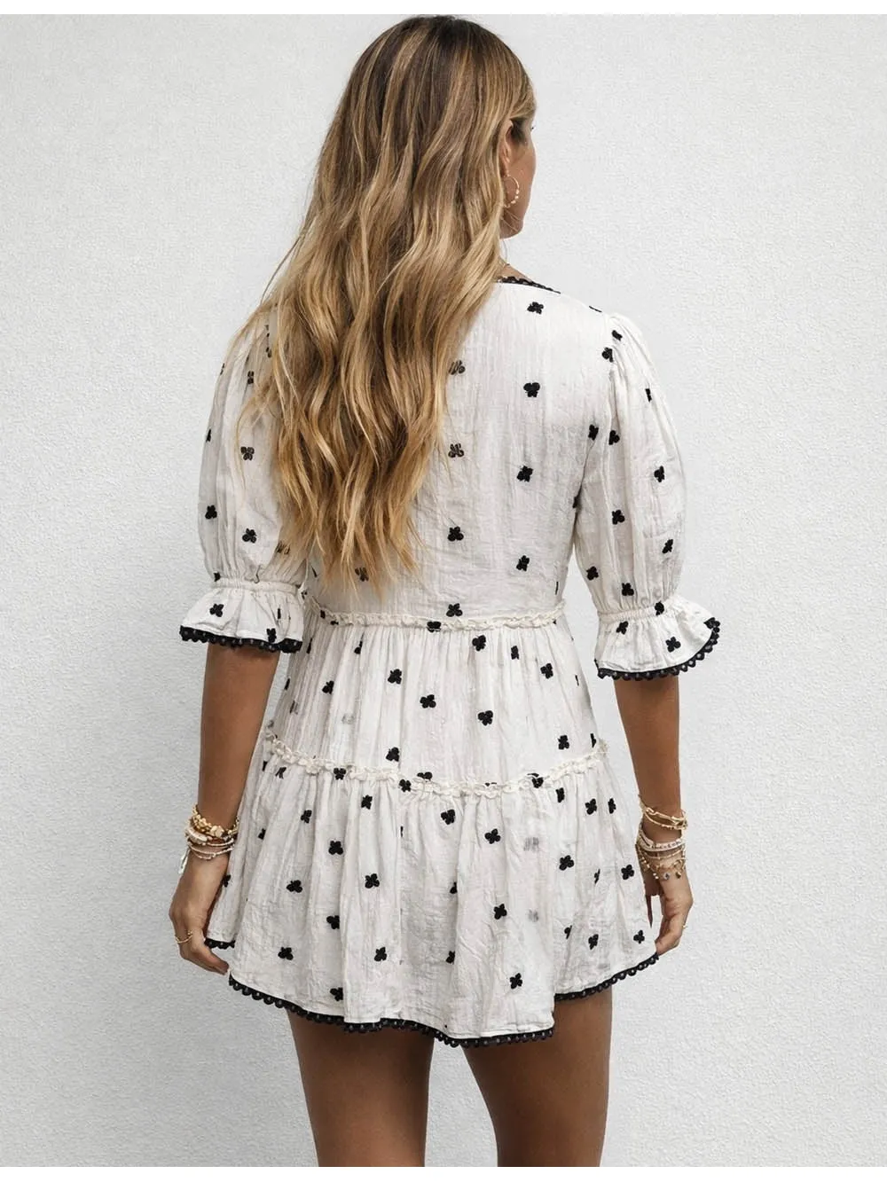 Boho Embroidery Front Tiered Hem Mini Dress