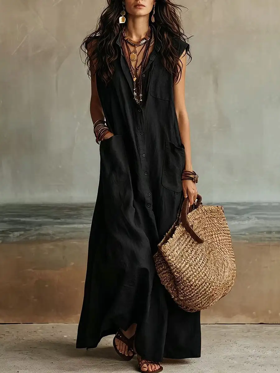 Loose Buttoned Sleeveless Maxi Dress