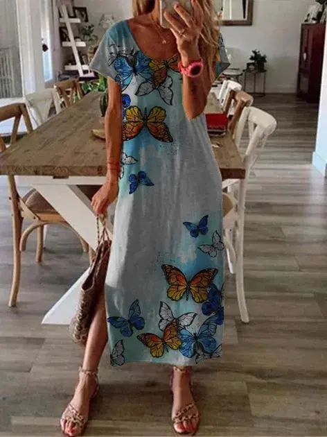 Butterfly Print Crew Neck Holiday Slit Dress