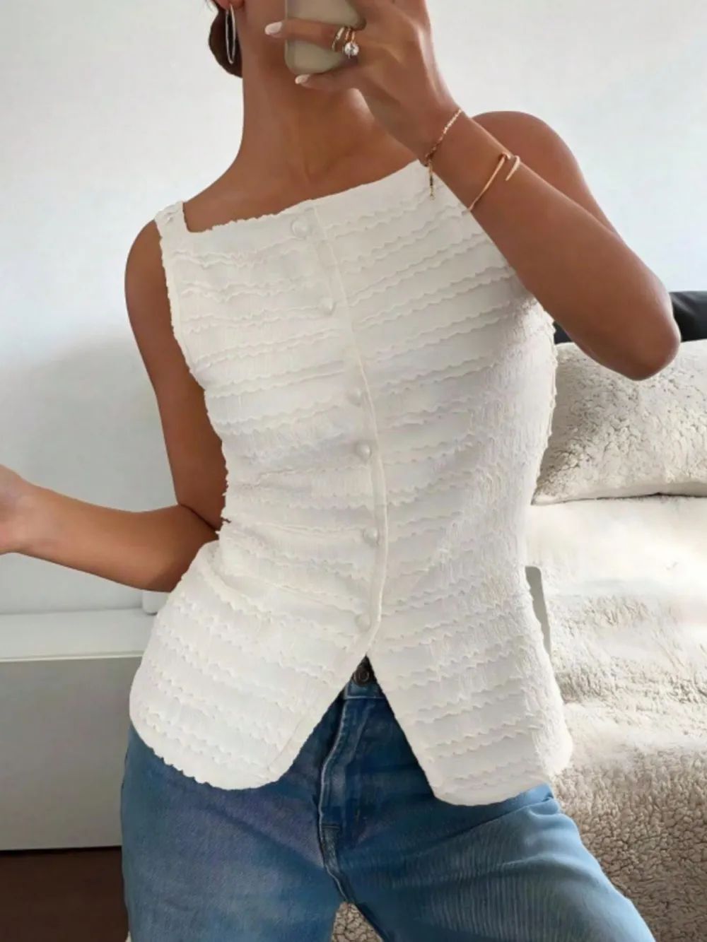 Textured Button Front Tank