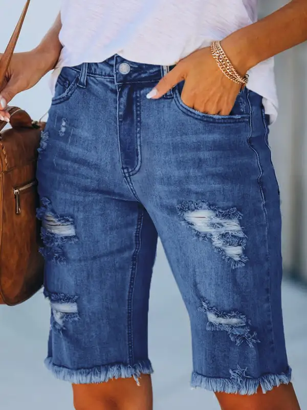 Mid Rise Ripped Elastic Waist Denim Jeans