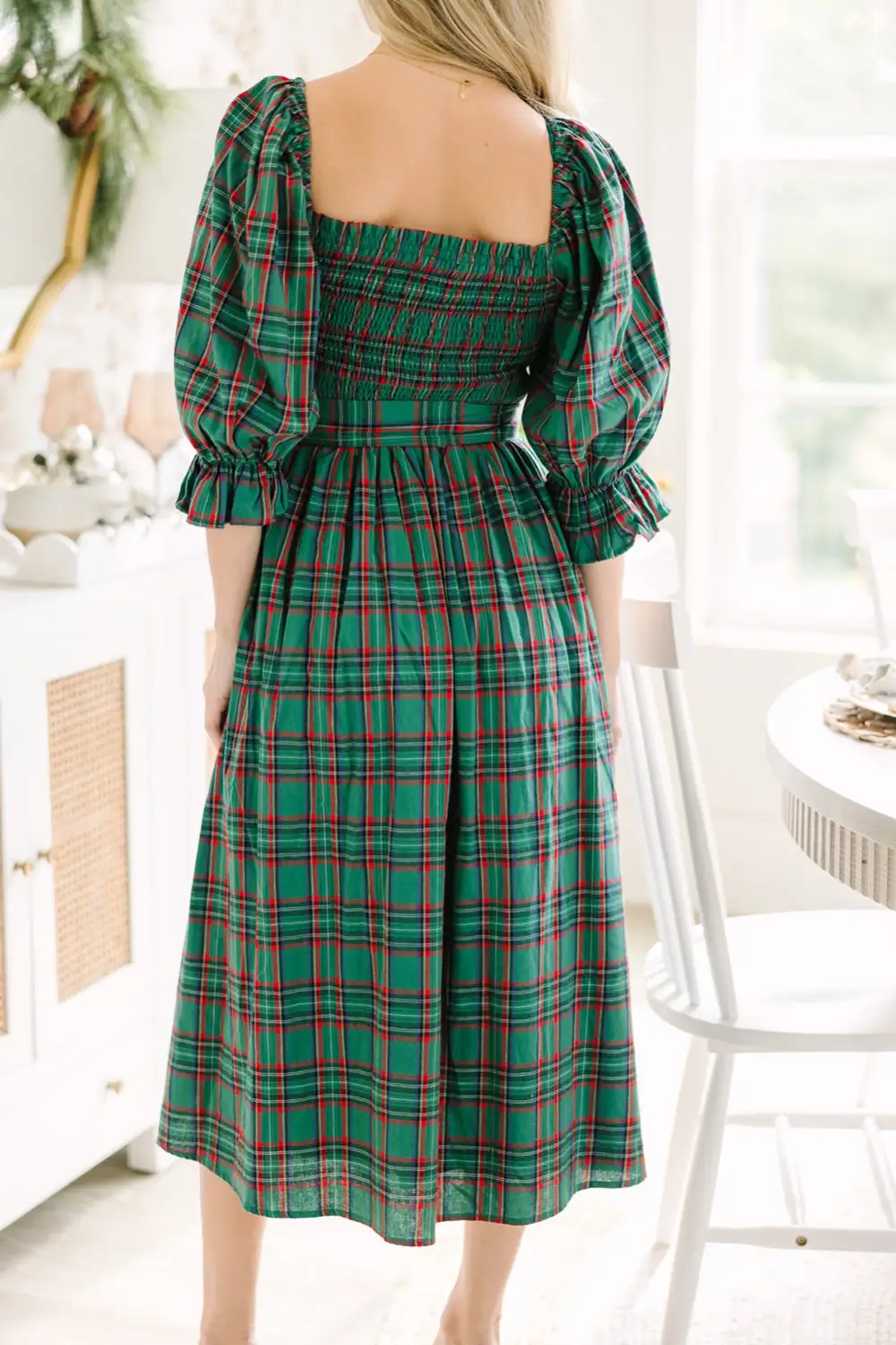 Finish Plaid Square Neck Puff Sleeve Midi Dress