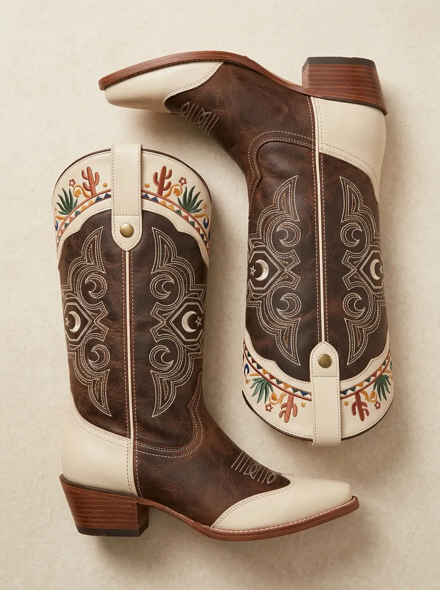 Women's Classic Western Cowgirl Cowboy Cactus Floral Embroidery Floral Cowgirl Boots