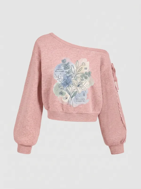 Women's Floral Botanical Jardin Souvenir Printed One-Shoulder Sweatshirt