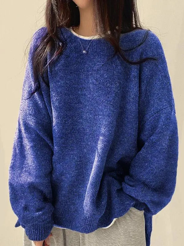 Women's Drop Shoulder Split Hem Sweater, Casual Long Sleeve Round Neck Jumper, Women'S Knitwear Top For Fall & Winter, Sweaters For Women