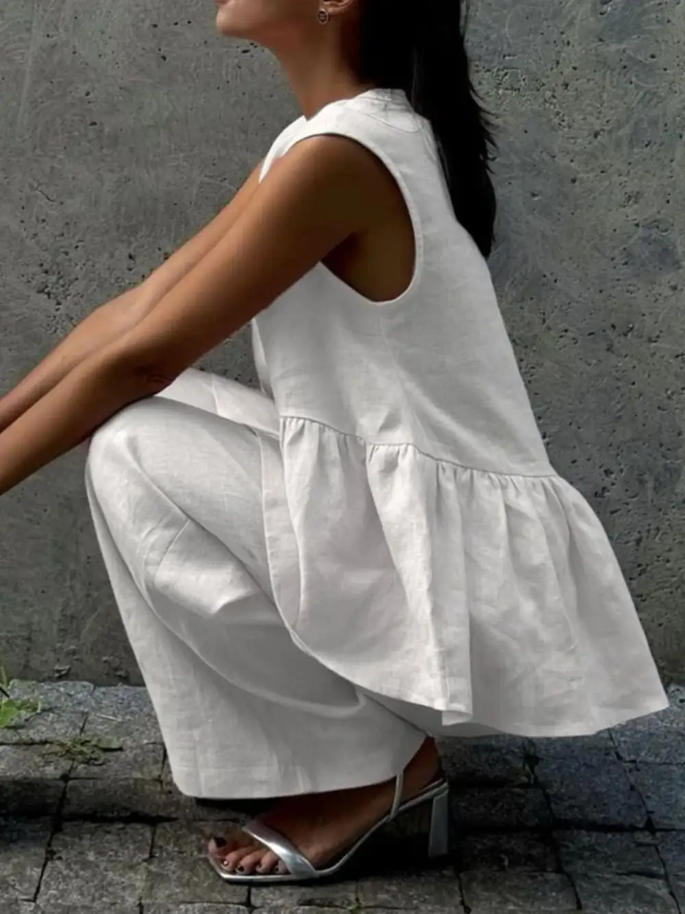 One Button Sleeveless Top and Wide-leg Pants Set