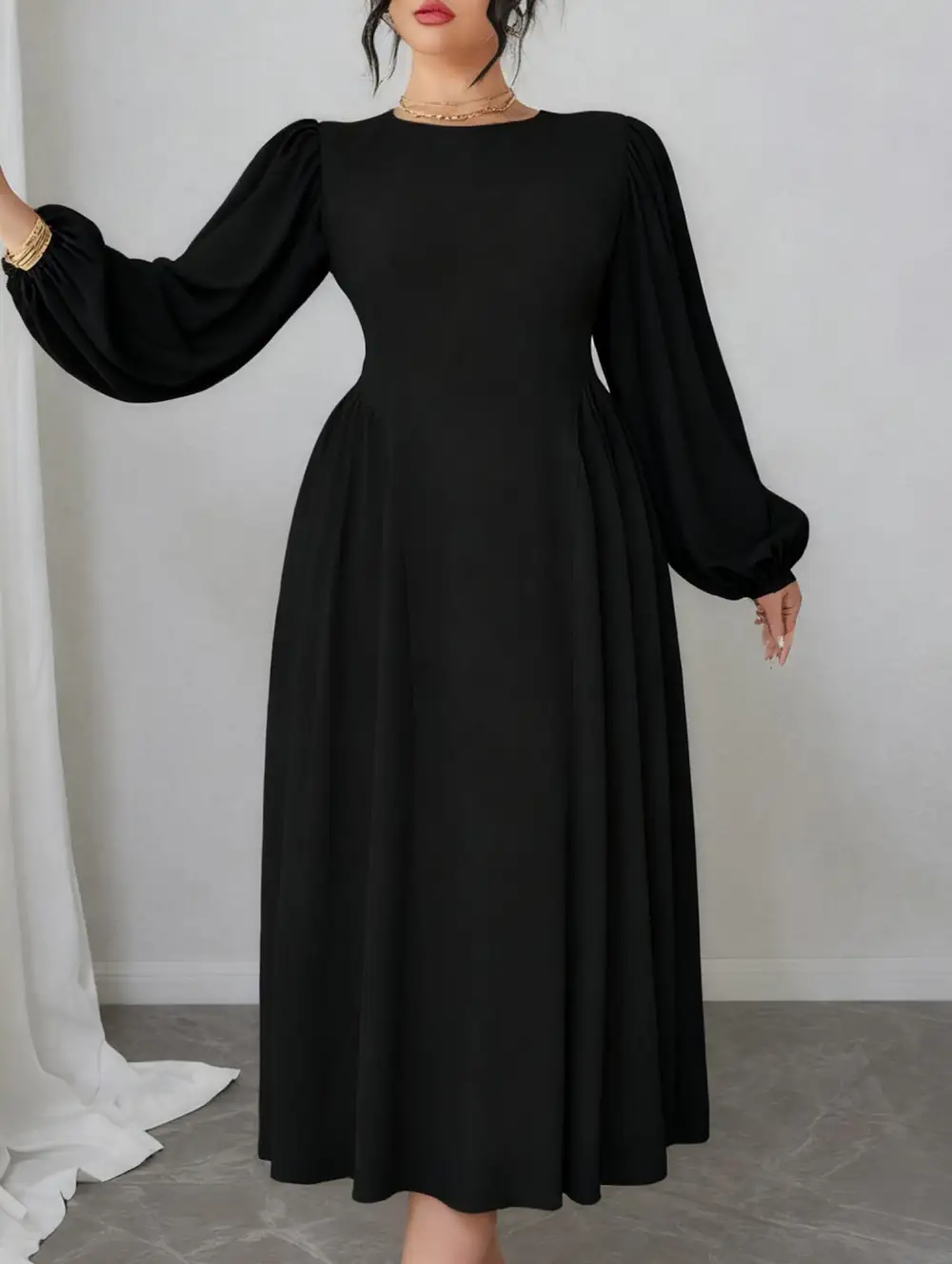 High-Waisted Round Neck Simple Puff Sleeve Dress