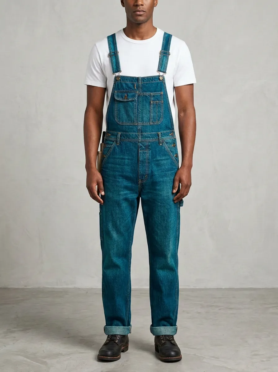 Men's Vintage Blue Denim Multi-Pocket Utility Overalls